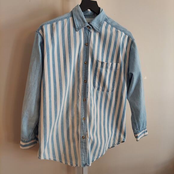 Vintage Button Up Shirt Long Sleeve Casual 90s Contrasting Sleeve - Picture 2 of 9